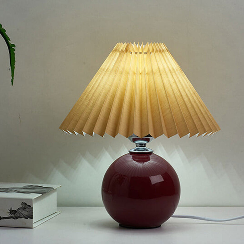 Nordic Pleated Shade Ceramic Table Lamp with Round Glazed Base for Bedside