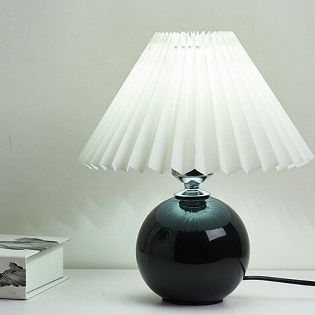 Nordic Pleated Shade Ceramic Table Lamp with Round Glazed Base for Bedside