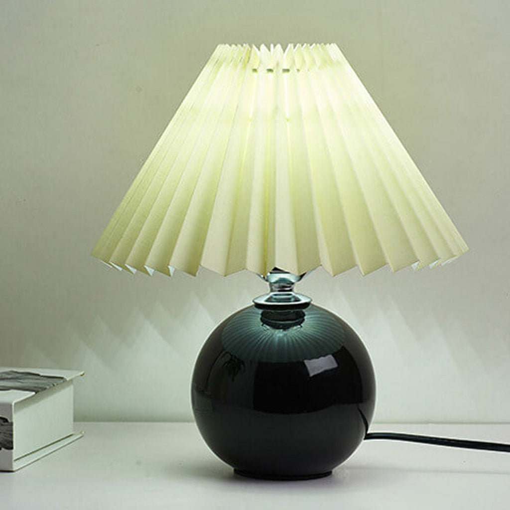 Nordic Pleated Shade Ceramic Table Lamp with Round Glazed Base for Bedside