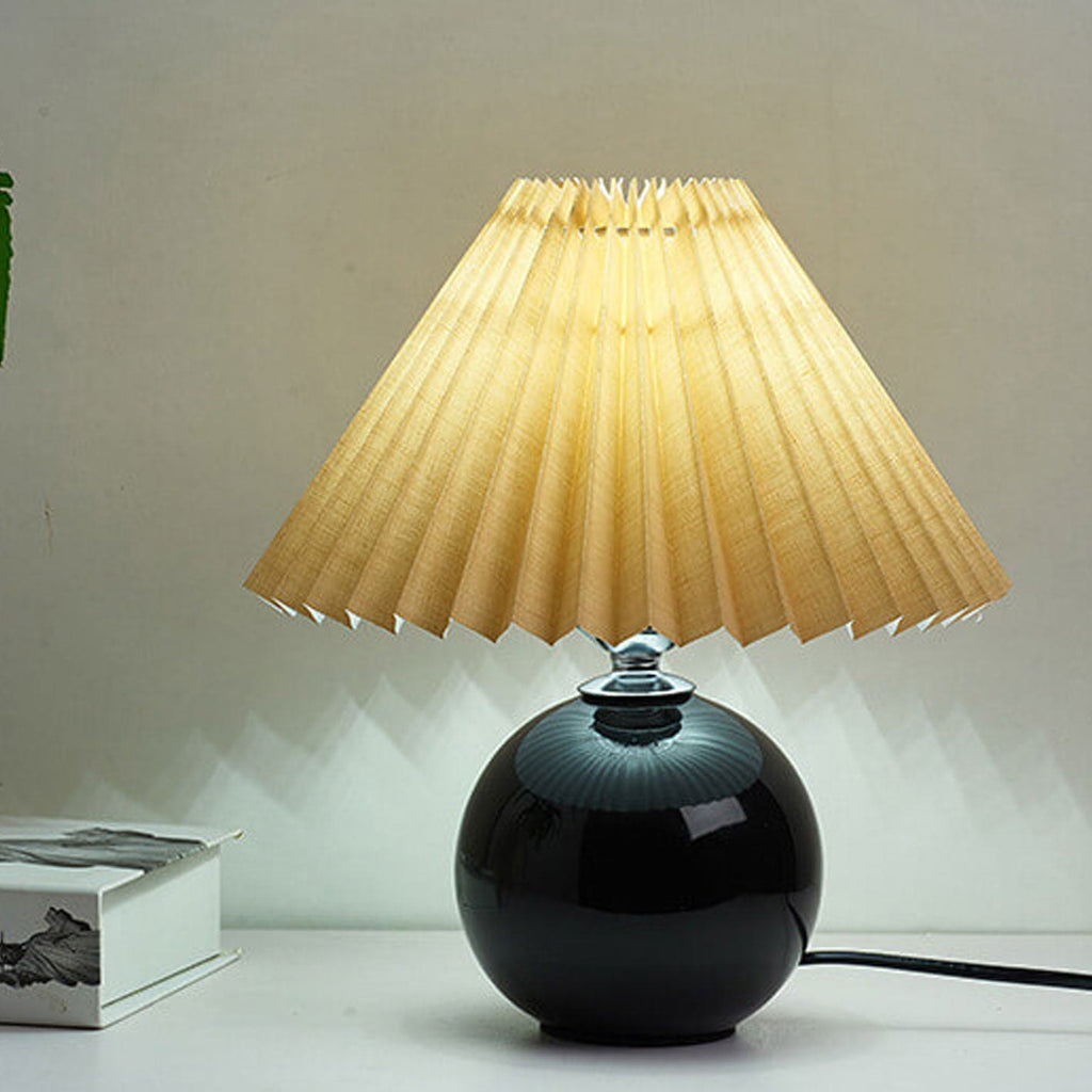 Nordic Pleated Shade Ceramic Table Lamp with Round Glazed Base for Bedside