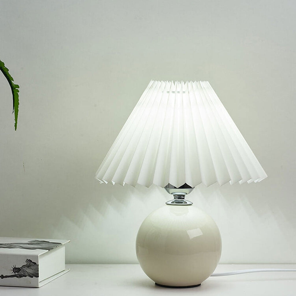 Nordic Pleated Shade Ceramic Table Lamp with Round Glazed Base for Bedside
