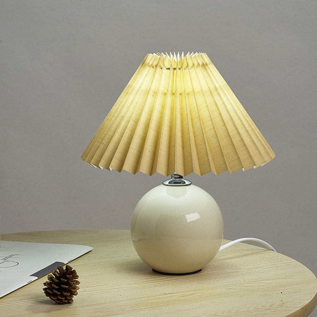 Nordic Pleated Shade Ceramic Table Lamp with Round Glazed Base for Bedside
