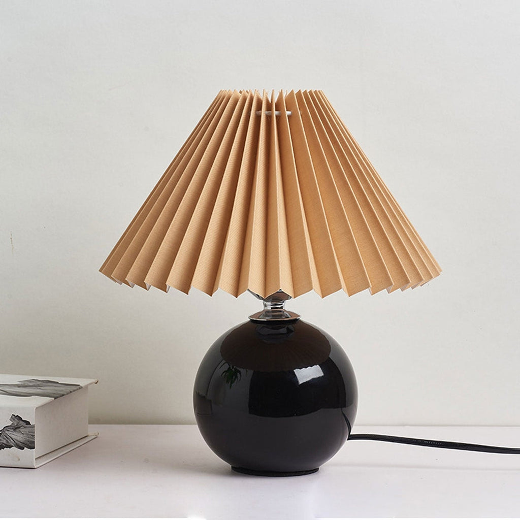 Nordic Pleated Shade Ceramic Table Lamp with Round Glazed Base for Bedside