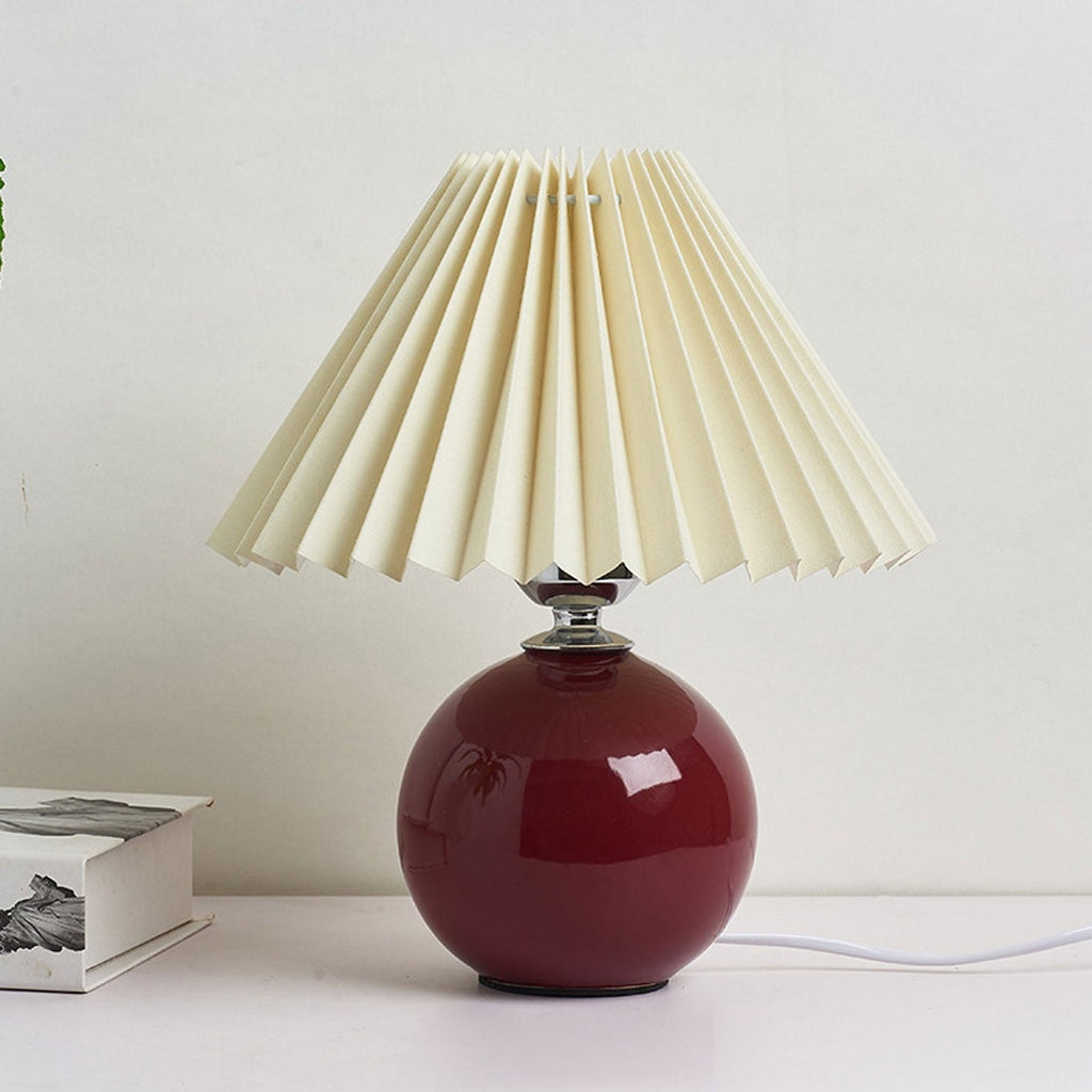 Nordic Pleated Shade Ceramic Table Lamp with Round Glazed Base for Bedside