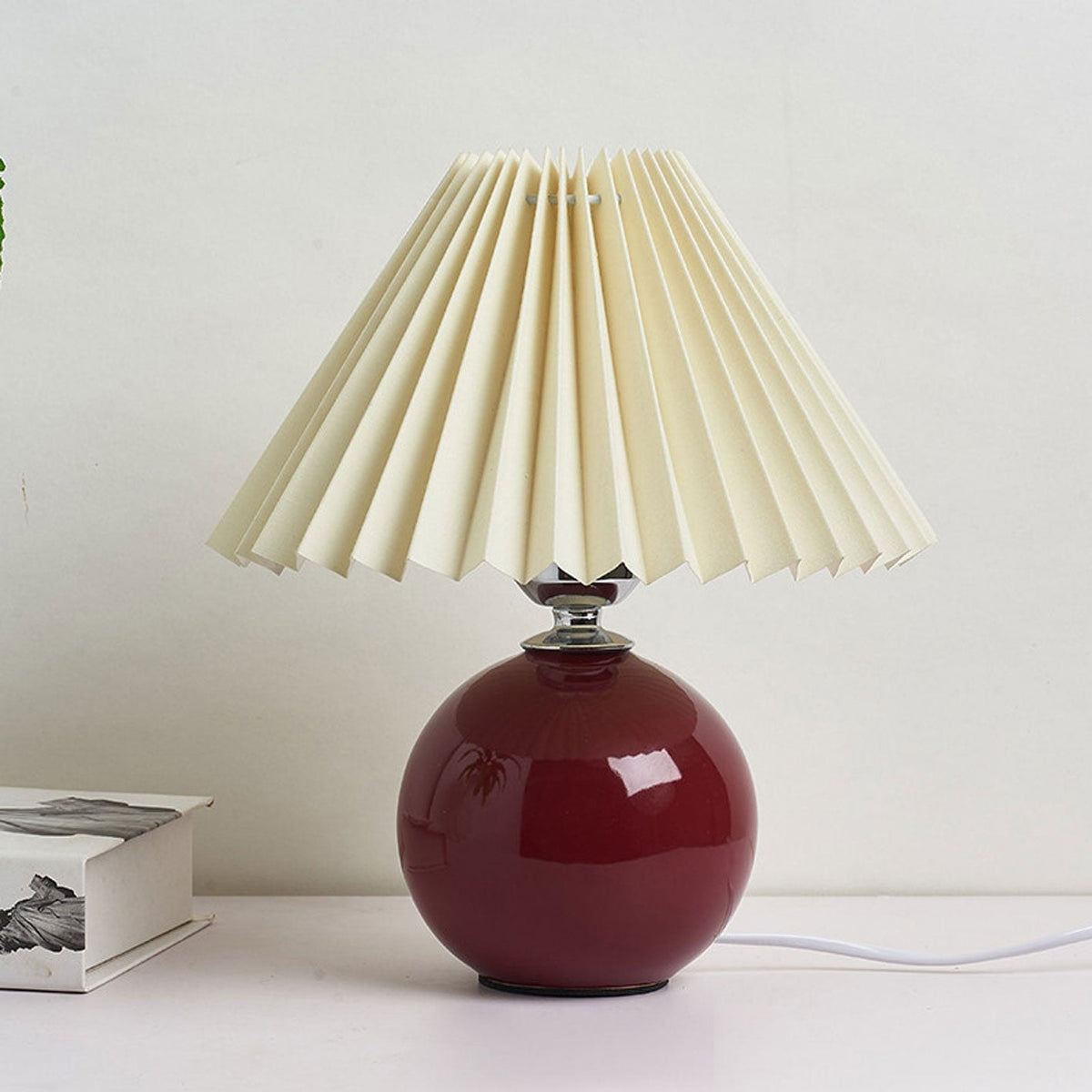 Nordic Pleated Shade Ceramic Table Lamp with Round Glazed Base for Bedside