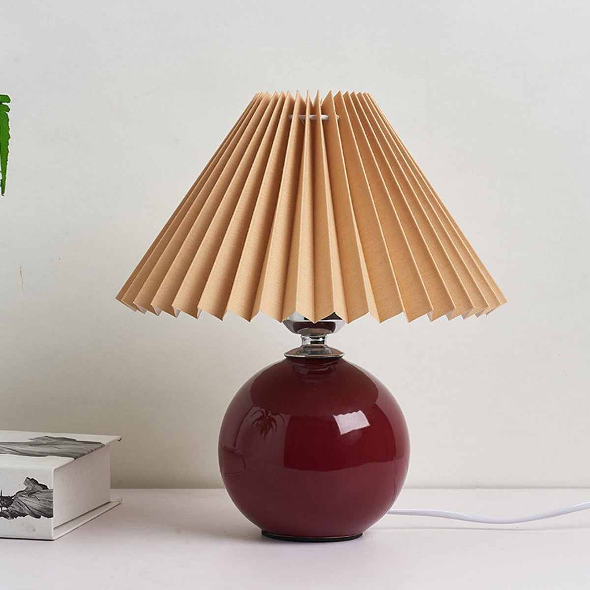 Nordic Pleated Shade Ceramic Table Lamp with Round Glazed Base for Bedside