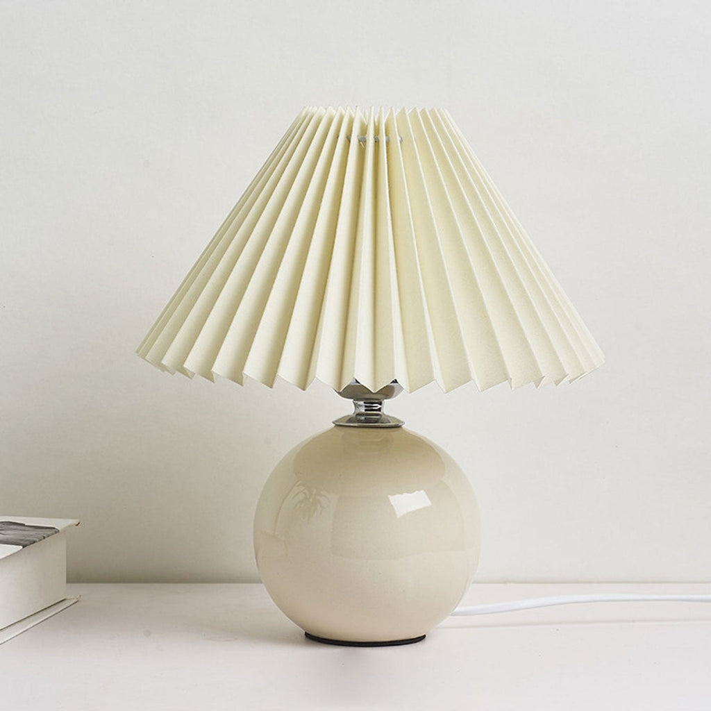 Nordic Pleated Shade Ceramic Table Lamp with Round Glazed Base for Bedside
