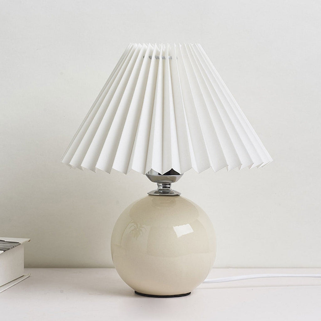 Nordic Pleated Shade Ceramic Table Lamp with Round Glazed Base for Bedside