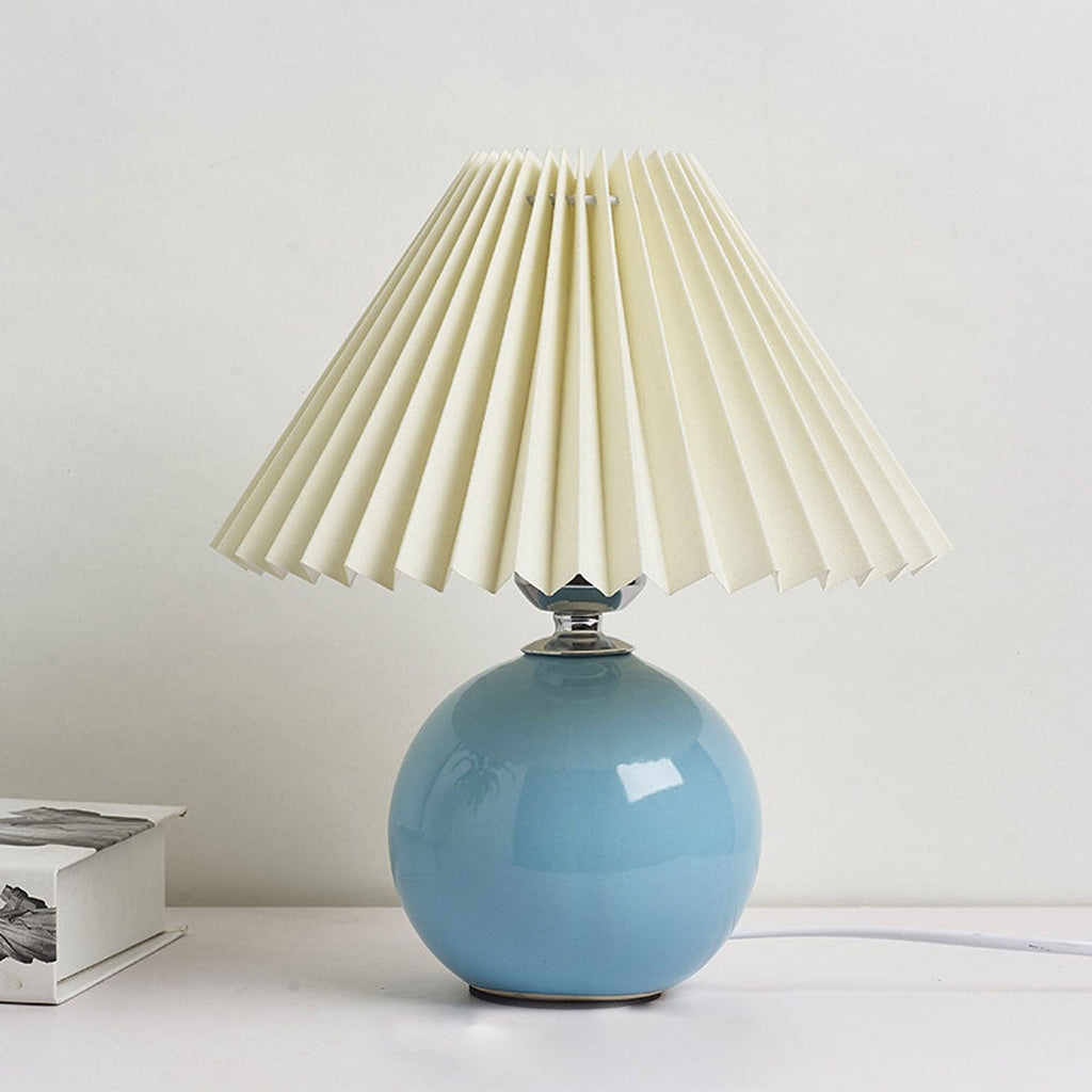 Nordic Pleated Shade Ceramic Table Lamp with Round Glazed Base for Bedside