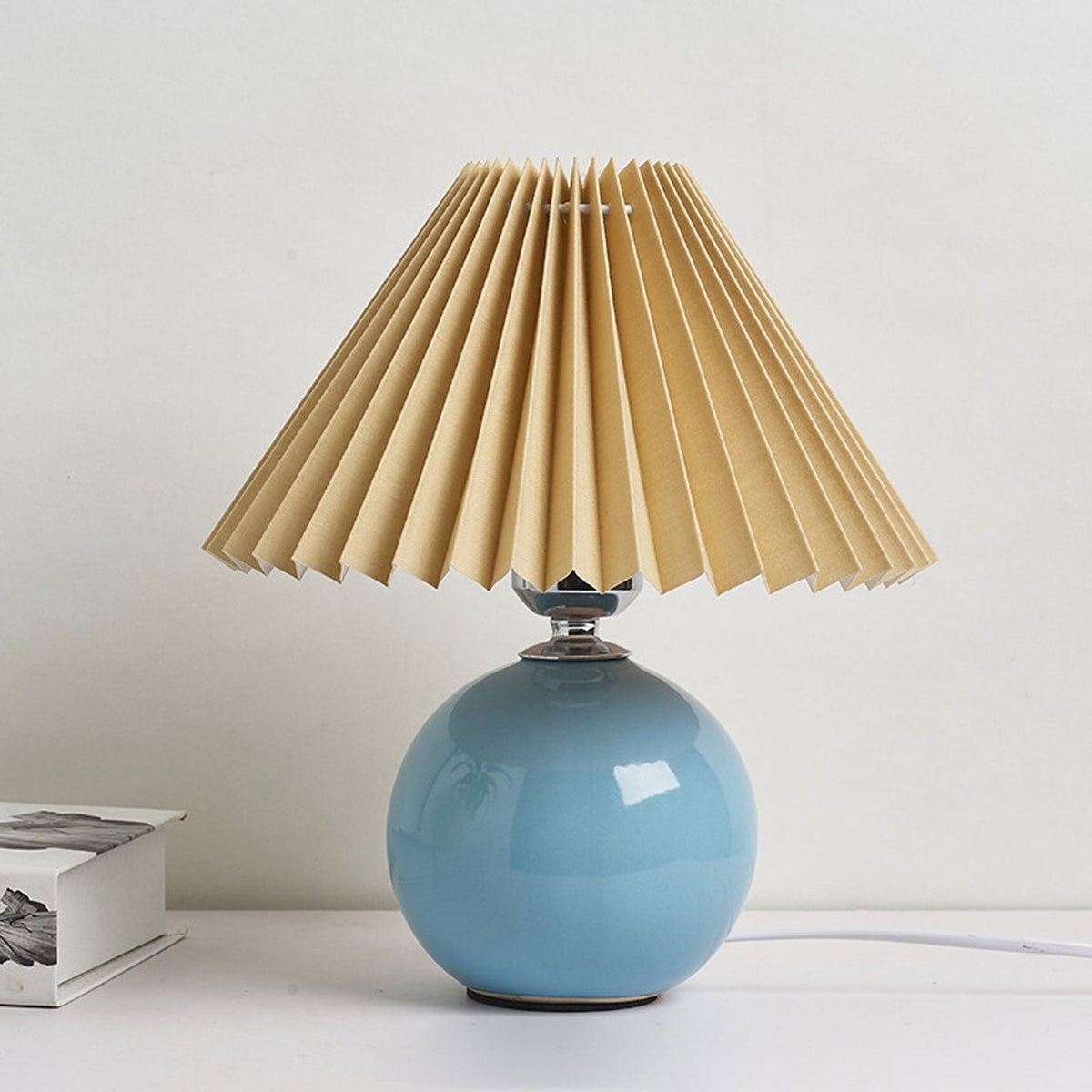 Nordic Pleated Shade Ceramic Table Lamp with Round Glazed Base for Bedside
