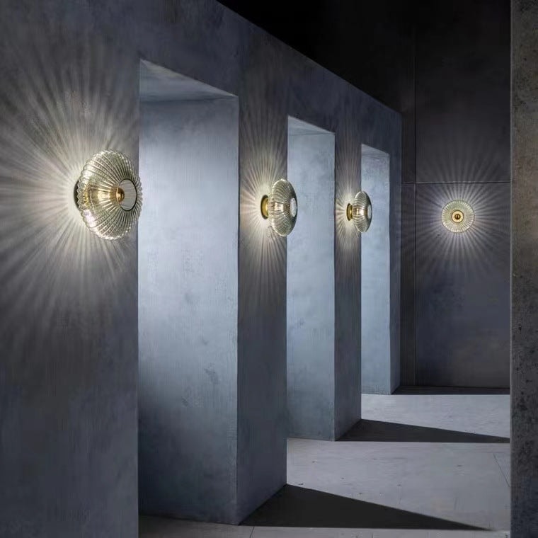 Nordic Ribbed Glass Round Disc Wall Light with Iron Frame for Living Room