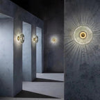 Nordic Ribbed Glass Round Disc Wall Light with Iron Frame for Living Room