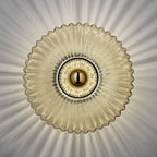 Nordic Ribbed Glass Round Disc Wall Light with Iron Frame for Living Room