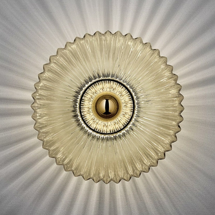 Nordic Ribbed Glass Round Disc Wall Light with Iron Frame for Living Room
