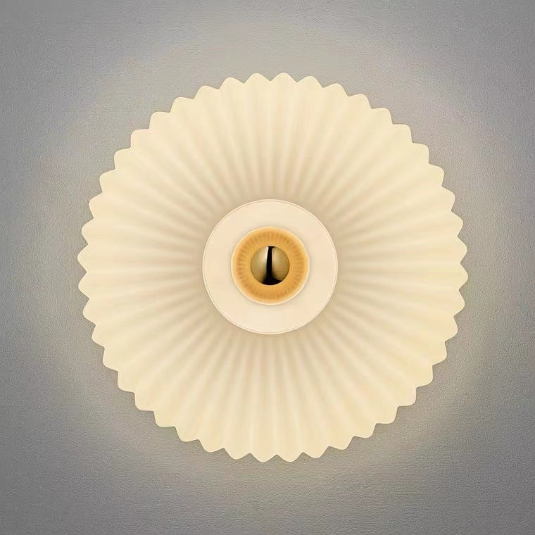 Nordic Ribbed Glass Round Disc Wall Light with Iron Frame for Living Room