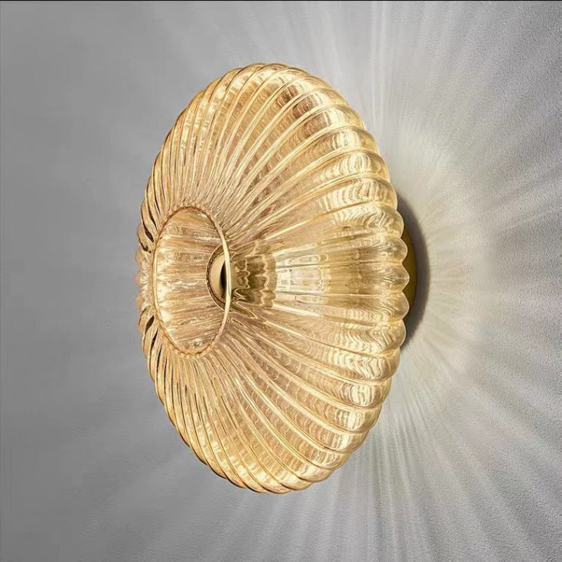 Nordic Ribbed Glass Round Disc Wall Light with Iron Frame for Living Room