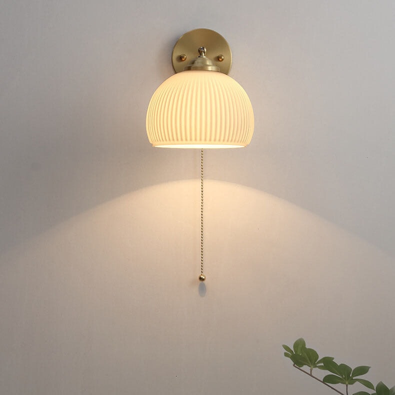 Nordic Ribbed Glass Wall Light with Brass Arm and Pull Cord Switch for Bedroom
