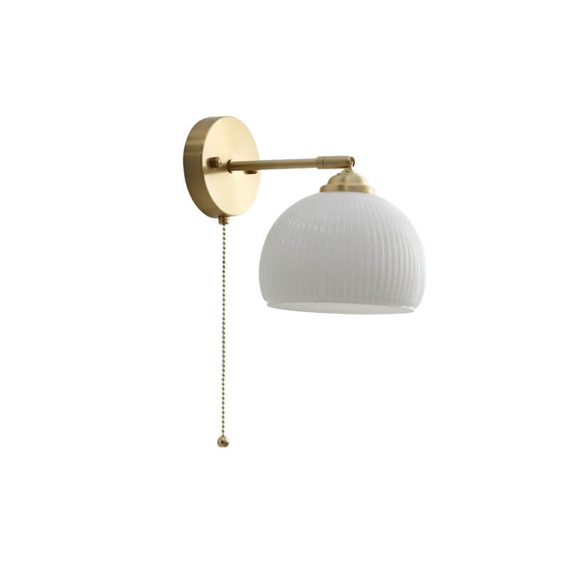 Nordic Ribbed Glass Wall Light with Brass Arm and Pull Cord Switch for Bedroom