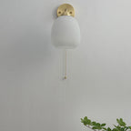 Nordic Ribbed Glass Wall Light with Brass Arm and Pull Cord Switch for Bedroom