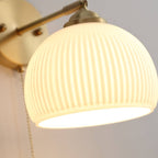 Nordic Ribbed Glass Wall Light with Brass Arm and Pull Cord Switch for Bedroom