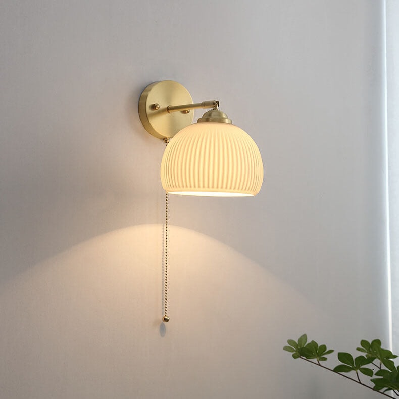 Nordic Ribbed Glass Wall Light with Brass Arm and Pull Cord Switch for Bedroom