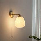 Nordic Ribbed Glass Wall Light with Brass Arm and Pull Cord Switch for Bedroom