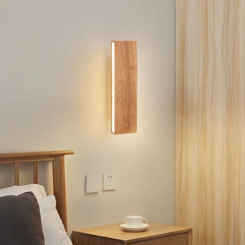 Nordic Solid Wood LED Wall Light with Rotatable Flat Bar for Bedroom