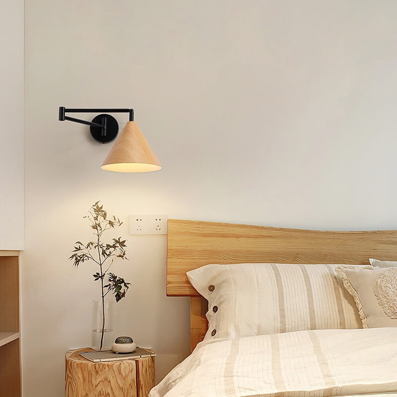 Nordic Swing Arm Wall Light with Wood Grain Cone Shade for Bedroom