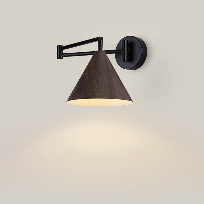 Nordic Swing Arm Wall Light with Wood Grain Cone Shade for Bedroom
