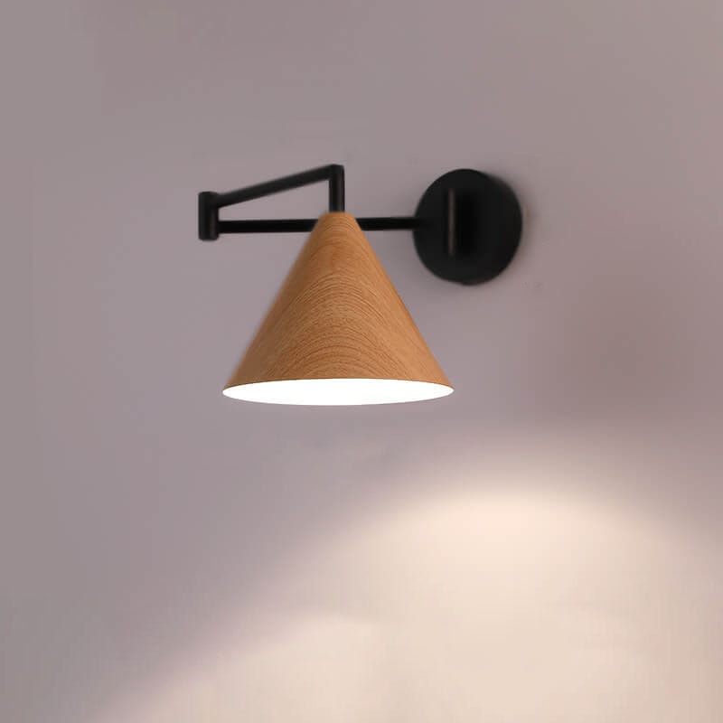 Nordic Swing Arm Wall Light with Wood Grain Cone Shade for Bedroom