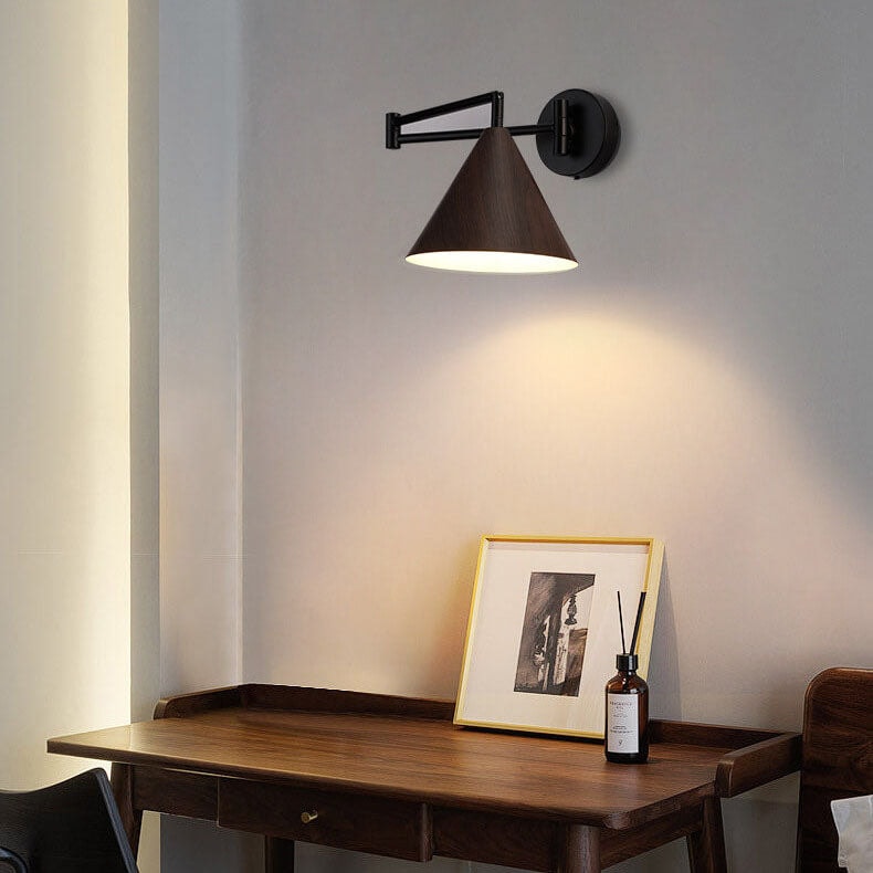 Nordic Swing Arm Wall Light with Wood Grain Cone Shade for Bedroom