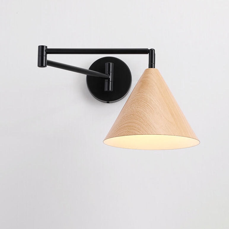 Nordic Swing Arm Wall Light with Wood Grain Cone Shade for Bedroom