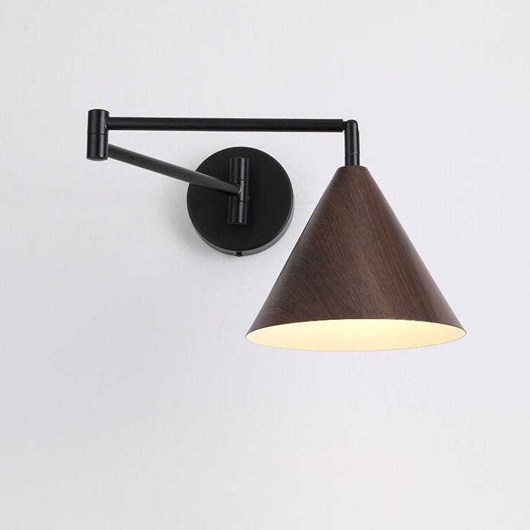 Nordic Swing Arm Wall Light with Wood Grain Cone Shade for Bedroom