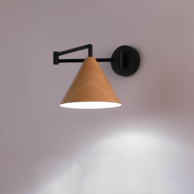 Nordic Swing Arm Wall Light with Wood Grain Cone Shade for Bedroom
