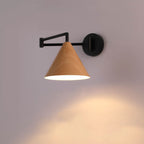 Nordic Swing Arm Wall Light with Wood Grain Cone Shade for Bedroom