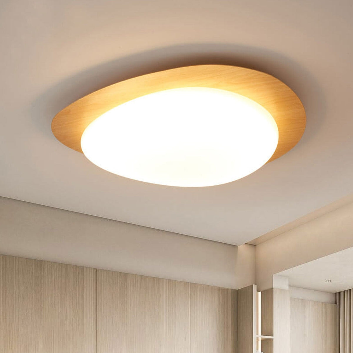 Nordic Wood Grain Pebble LED Flush Mount Ceiling Light with Opal Diffuser