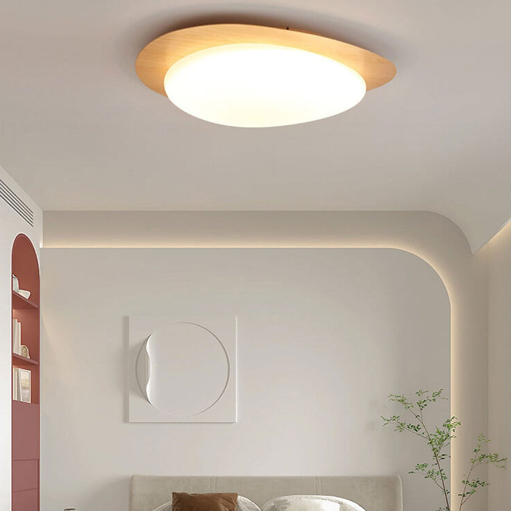Nordic Wood Grain Pebble LED Flush Mount Ceiling Light with Opal Diffuser