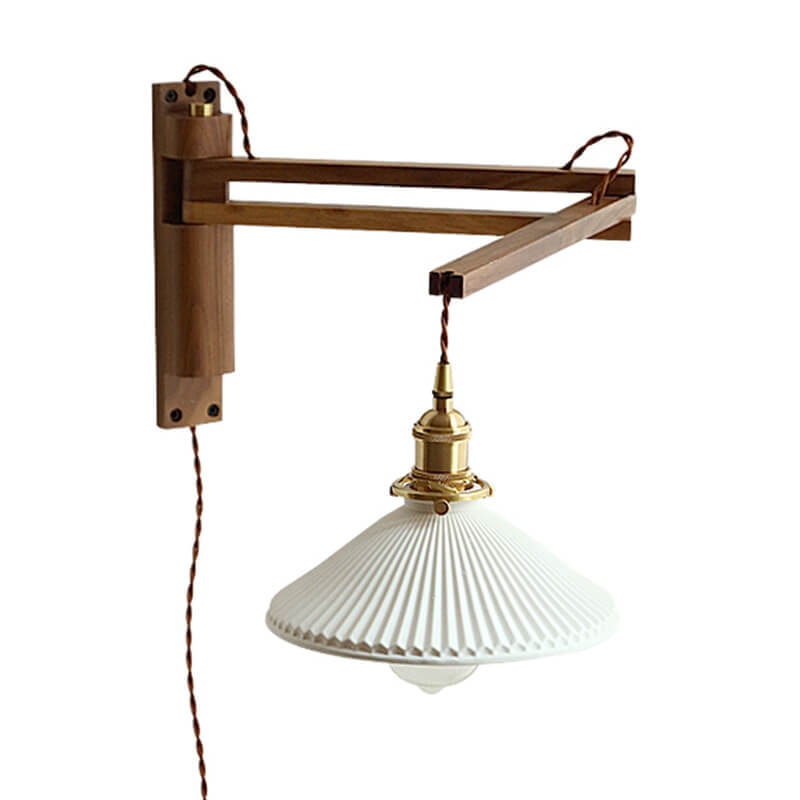Nordic Wooden Swing Arm Wall Light with Ribbed Glass Shade for Bedroom