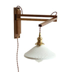 Nordic Wooden Swing Arm Wall Light with Ribbed Glass Shade for Bedroom