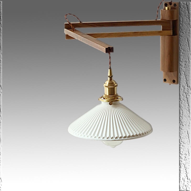 Nordic Wooden Swing Arm Wall Light with Ribbed Glass Shade for Bedroom