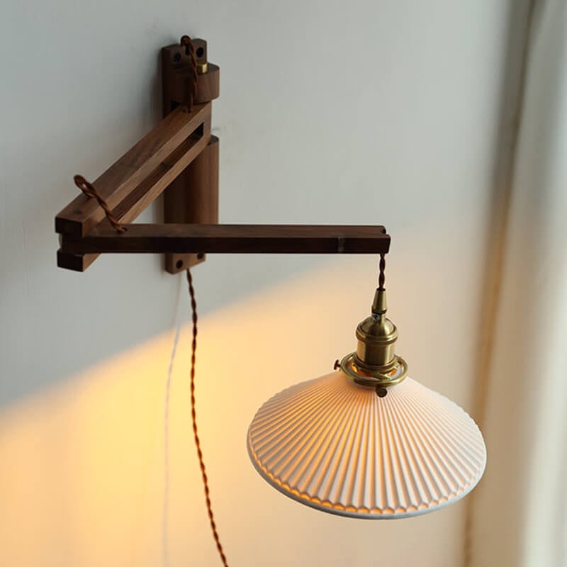 Nordic Wooden Swing Arm Wall Light with Ribbed Glass Shade for Bedroom