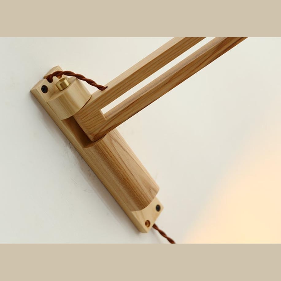 Nordic Wooden Swing Arm Wall Light with Ribbed Glass Shade for Bedroom