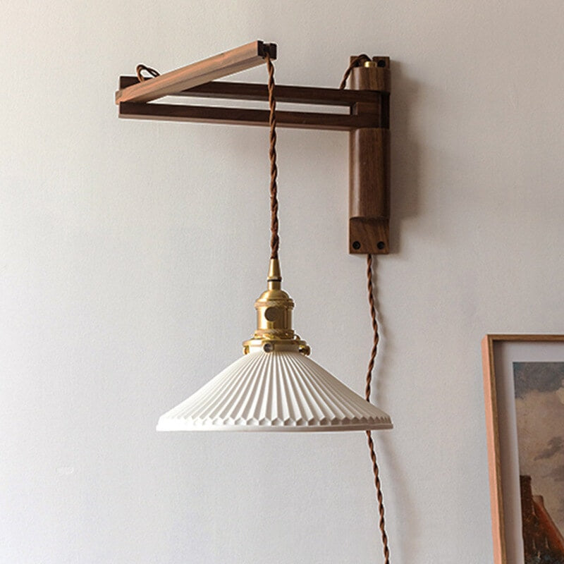 Nordic Wooden Swing Arm Wall Light with Ribbed Glass Shade for Bedroom