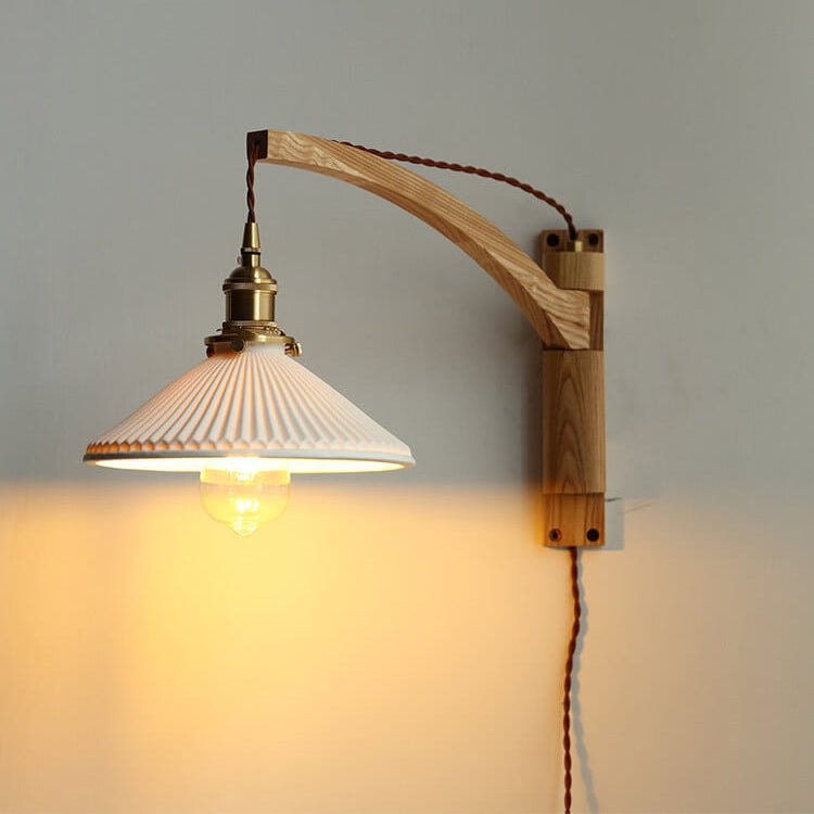 Nordic Wooden Swing Arm Wall Light with Ribbed Glass Shade for Bedroom