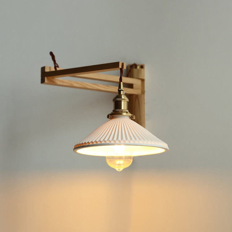 Nordic Wooden Swing Arm Wall Light with Ribbed Glass Shade for Bedroom