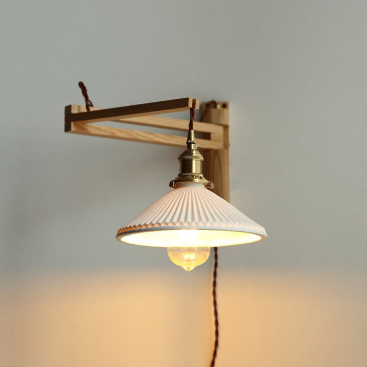 Nordic Wooden Swing Arm Wall Light with Ribbed Glass Shade for Bedroom