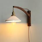 Nordic Wooden Swing Arm Wall Light with Ribbed Glass Shade for Bedroom