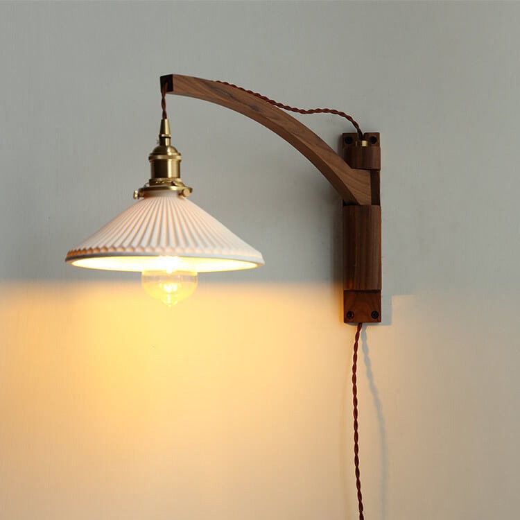 Nordic Wooden Swing Arm Wall Light with Ribbed Glass Shade for Bedroom