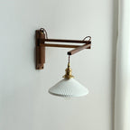 Nordic Wooden Swing Arm Wall Light with Ribbed Glass Shade for Bedroom