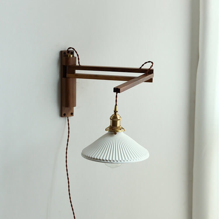 Nordic Wooden Swing Arm Wall Light with Ribbed Glass Shade for Bedroom
